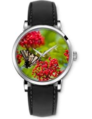 SPRAWL Aanalog Fashion Series Silver Ladies Watches of Genuine Black Leather Strap,Unique Wrist Watch for Women Girls Designed with Butterfly red berries