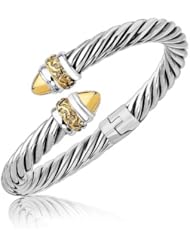 18K Yellow Gold and Sterling Silver Open Hinged Cable Bangle with Dome Ends