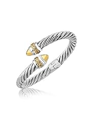 18K Yellow Gold and Sterling Silver Open Hinged Cable Bangle with Dome Ends
