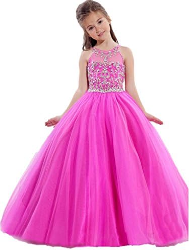 JillWang Girls' Princess Beads Design Flower Kids Pageant Dress 4 US Fuchsia