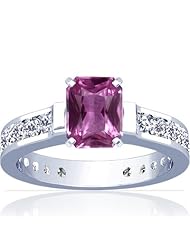 18K White Gold Emerald Cut Pink Sapphire Ring With Sidestones