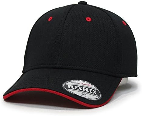 Flex Stretchable Cool Mesh Flipped Edge Visor Low Profile Pro Style Baseball Caps (L/XL, Black/Red)
