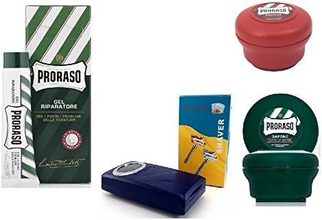 Pro'raso Shave Soap, Sandalwood 150 ml + shaving soap menthol and eucalyptus 4oz + Shaving Factory Double Edge Safety Razor, Silver + Styptic Gel 10ml