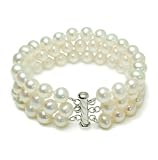 Sterling Silver 3-Row White A Grade 8.5-9mm Freshwater Cultured Pearl Bracelet, 8