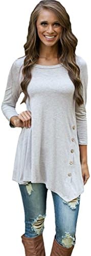 Murifree Women Fashion Irregular Asymmetric Hem Button Tunic Basic T-Shirt Blouse Top Grey Grey One Size