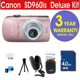 Canon PowerShot SD960 IS 12.1 MP Digital Camera (Pink) + 4 GB High Speed Memory Card + Deluxe Hard Camera Case + Celltime 3 Piece Cleaning Kit + Compact Tripod + Memory Card Wallet + Screen Protectors + Soft-tex Fiber Cloth + Cotton Swabs + 3 Year Warranty Repair Contract