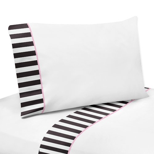 4 Piece Queen Sheet Set for Pink, Black and White Stripe Paris Bedding Collection