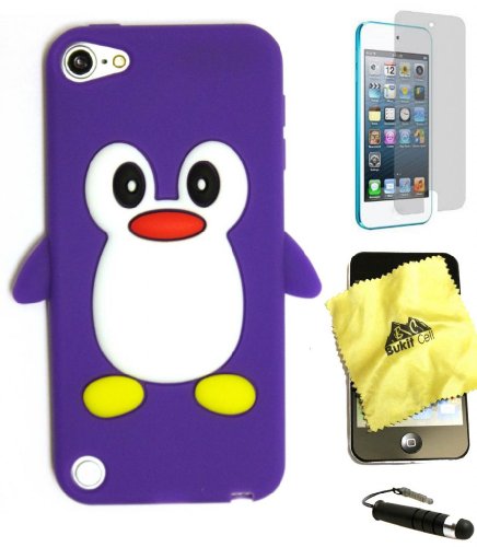 BUKIT CELL (TM) Apple iPod Touch 5 Penguin Silicone Case (PURPLE) + BUKIT CELL Trademark Lint Cleaning Cloth + Screen Protector + WirelessGeeks247 METALLIC Touch Screen STYLUS PEN with Anti Dust Plug