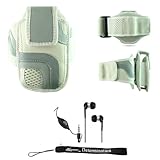 White Adjustable Deluxe Sportband / Workout Armband with Adaptable Neck Str ....