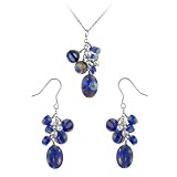 Sterling Silver Dark Blue Hand-Blown Glass Multi-Drop Linear French Wire Earrings and Multi Drop Linear Pendant with Rolo Chain Set, 18