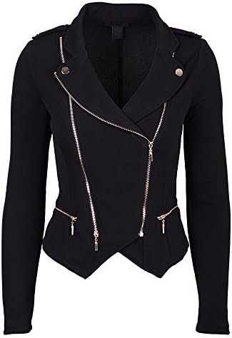Womens Modern Casual Asymmetrical Gold Zipper Zip Up Crepe Moto Jacket
