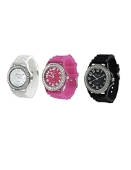 White Black Fuchsia Pink 3 Pack Geneva Crystal Rhinestone Large Face Watch with Silicone Jelly Link Band