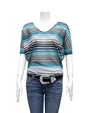Ladies Turquoise Striped V Scoop Short Sleeved Knit Sweater Top