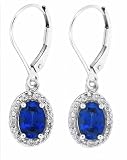 2.02ct Oval Shaped Genuine Sapphire Dangle Earrings with Diamonds in 10Kt White Gold with hinged leverbacks( AB Quality)