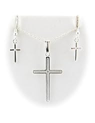 Sterling Silver Border Cross Pendant Earrings Cable Chain 16, 18, 20, 22 inch