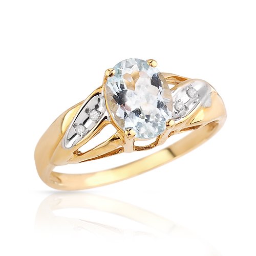 Yellow Gold 1 CTW Aquamarine and 0.02 CTW Accent Diamond Ladies Ring. Ring Size 7. Total Item weight 1.9 g.