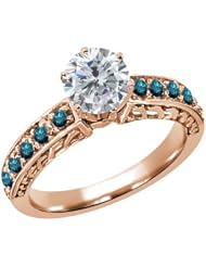 1.30 Ct Round H/I and Blue Diamond 925 Rose Gold Plated Silver Ring