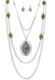 Fashion Costume Jewelry Woven Filigree Design Tri Color Long Pendant Necklace and Earring Set