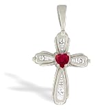 14K White Gold Genuine Heart Ruby and Diamond Cross Pendant
