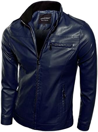 Fashion Men's Pu Leather Jacket Korean Stand Collar Slim Motorcycle Jacket Coat M-3xl 4 Colour 4111 (Large, Navy)