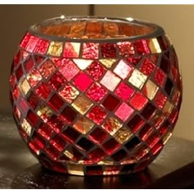 4" Diameter Red Glass Mosaic Votive Candle Holder/ Rose Bowl