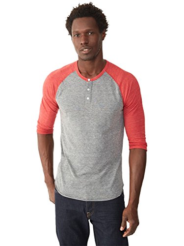 Alternative Men's Raglan 3/4 Sleeve Henley Shirt, Grey/True Red, Large