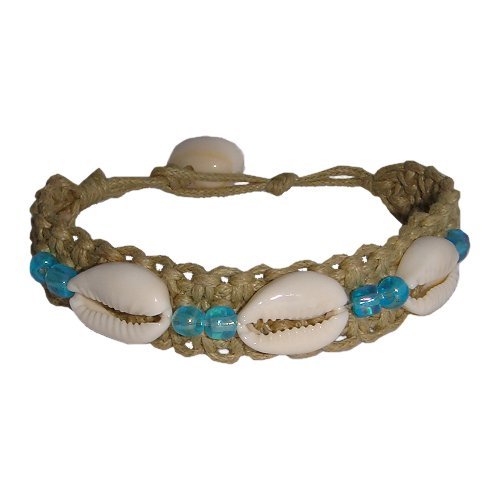 Hawaiian Cowry Shell and Double Blue Bead Hemp Bracelet