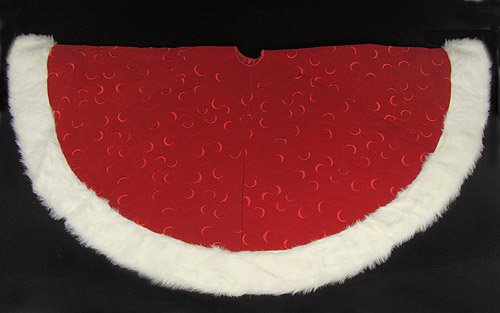 56 Red Swirl Embossed Christmas Tree Skirt with White Faux Fur Trim