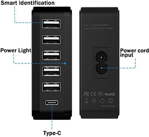 Yemo 6-Port Type-C (5 Port+1 Type C) 35 W 5V 7A USB Charger Hub for iPhone ipad Samsung Tablet Kindle HTC Google Nexus and More Phone Device Etc (Type-C 6 Port)