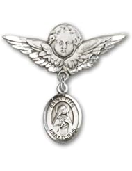 Sterling Silver Baby Badge with St. Rita Baseball Charm and Angel with Wings Badge Pin