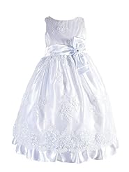 Girls Embroidered Floral Print Satin Flower-Girl Dress  With a Sash 