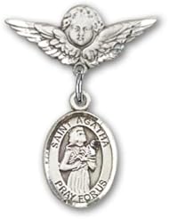 Sterling Silver Baby Badge with St. Agatha Charm and Angel with Wings Badge Pin