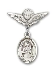 Sterling Silver Baby Badge with St. Agatha Charm and Angel W/wings Badge Pin. Catholic Saint Agatha Patron Saint of Nurses, Bell Makers, Breast Disease, Fire Prevention, Nurses, Breast Cancer, Foundry Workers, Protection From Breast Cancer