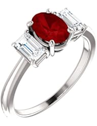 18K White Gold 7.00x5.00mm Oval Cut Ruby and Diamond Three-Stone Ring -- LIFETIME WARRANTY