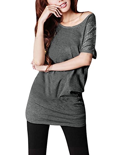 Allegra K Woman Scoop Neck Batwing Sleeves Tunic Top Dark Grey XL