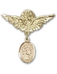 Gold Filled Baby Badge with St. Felicity Charm and Angel with Wings Badge Pin