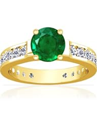 14K Yellow Gold Round Cut Emerald Ring With Sidestones