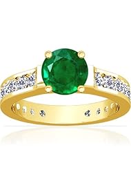 18K Yellow Gold Round Cut Emerald Ring With Sidestones