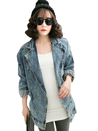 【ARINCO】 デニム ダメージ 素材 ジャケット ストライプ バック ドクロ プリント おしゃれ カジュアル レディース ゆったり シルエット S M L XL 大きい サイズ 春 秋