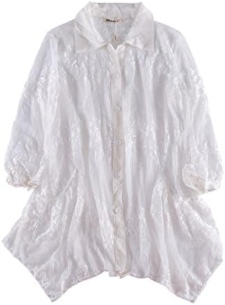 Delelisi Women Plus Size Mesh 3/4 Sleeve Button Down Causal Loose Top Shirt Blouse White White Size XX-Large