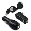 Fosmon Apple iPhone 4 / iPhone 4G Retractable USB Sync Charge Data Cable + USB Auto Car Charger + USB Home Travel Charger - Black
