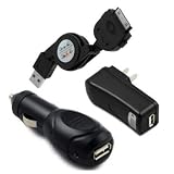 Fosmon Apple iPhone 4 / iPhone 4G Retractable USB Sync Charge Data Cable + USB Auto Car Charger + USB Home Travel Charger - Black