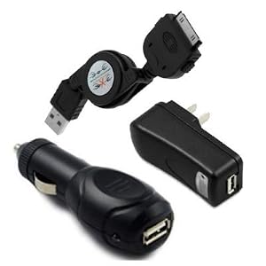 Fosmon Apple iPhone 4 / iPhone 4G Retractable USB Sync Charge Data Cable + USB Auto Car Charger + USB Home Travel Charger - Black