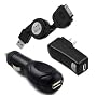 Fosmon Apple iPhone 4 / iPhone 4G Retractable USB Sync Charge Data Cable + USB Auto Car Charger + USB Home Travel Charger - Black
