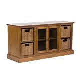 SEI Latham Dark-Pine Media Stand with Rattan Storage Baskets