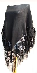 Handmade Poncho in Classic Black (100% Crocheted Wide Border) [Apparel]