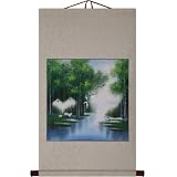 Hand-Painted 36" Oriental Wall Art Scroll - Cranes And Summer Stream With Beige Border