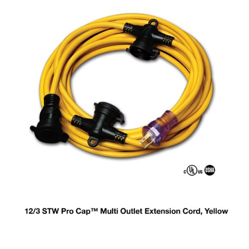 50Foot 12/3 Yellow Outdoor Multi Outlet Extension Cord 5 Water