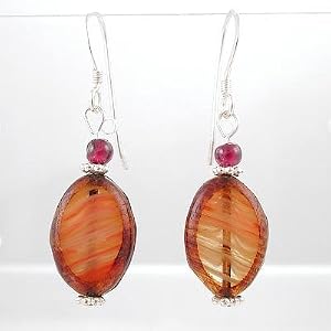 Garnet Gemstone, Oval Czech Glass Bead and Sterling Silver Dangle Earrings, #8632