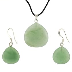Green Aventurine Briolette Drop Pendant and Earrings Set - Pendant (22mm), Earrings (15mm) - Adjustable Cord Necklace